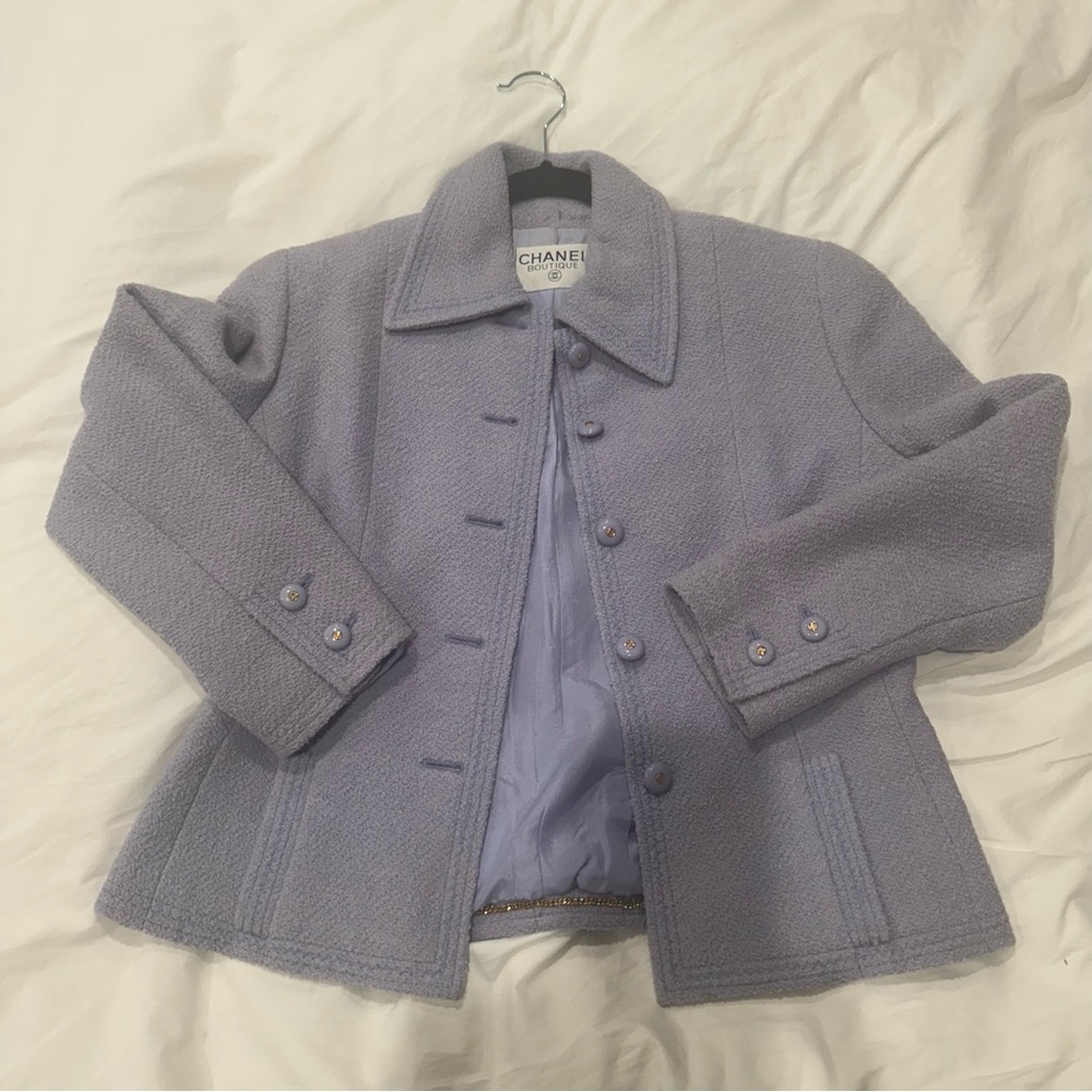CHANEL Periwinkle Tweed Jacket with Gold CC Buttons